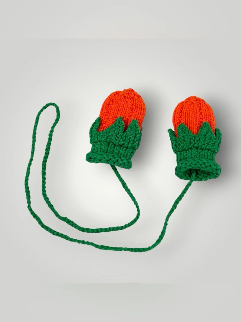 Hand-Knit Orange & Green Kids Mittens with Attached String 0-12 Months